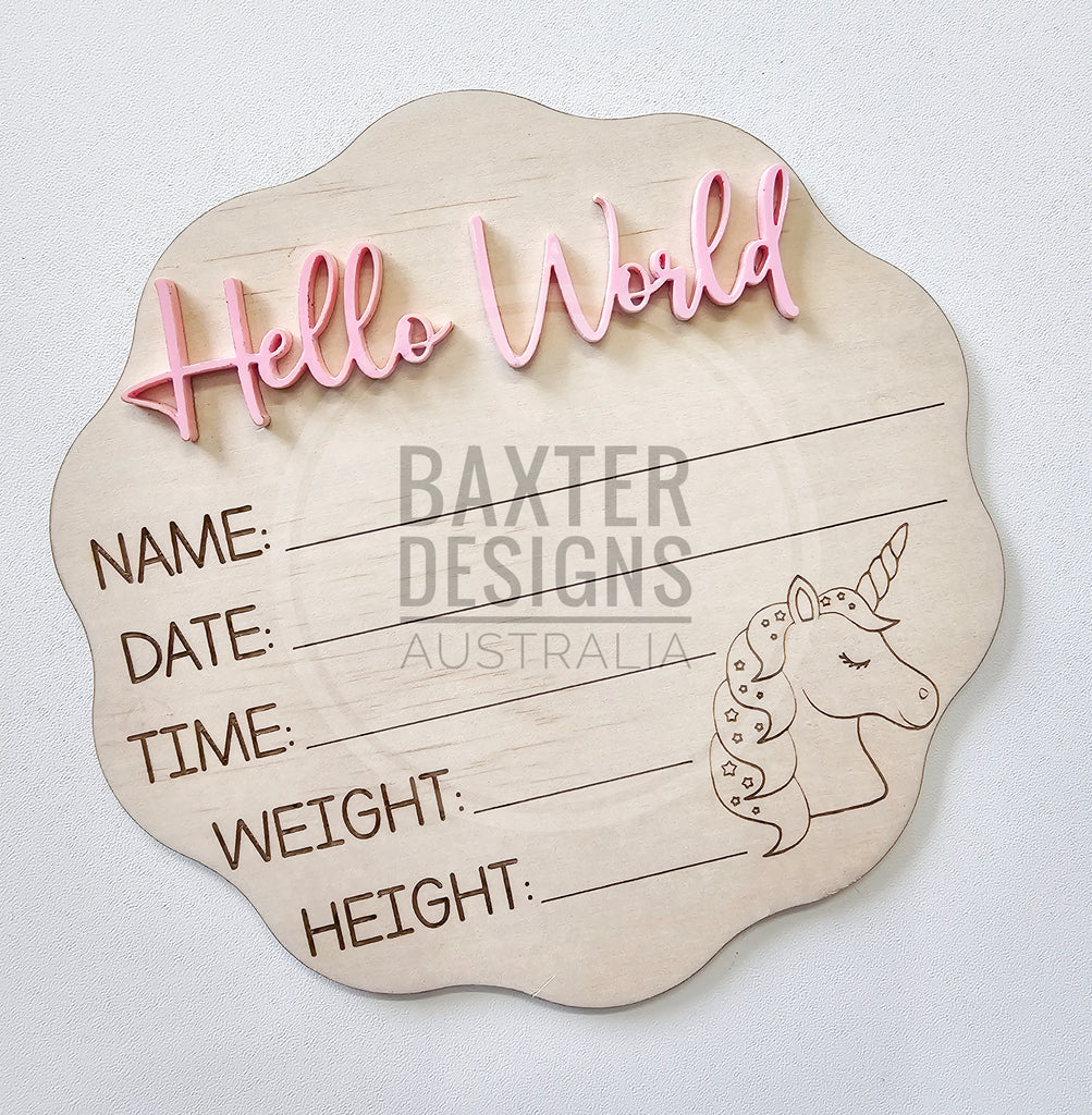 Hello World Plaque Baby Birth Announcement Disc - Unicorn