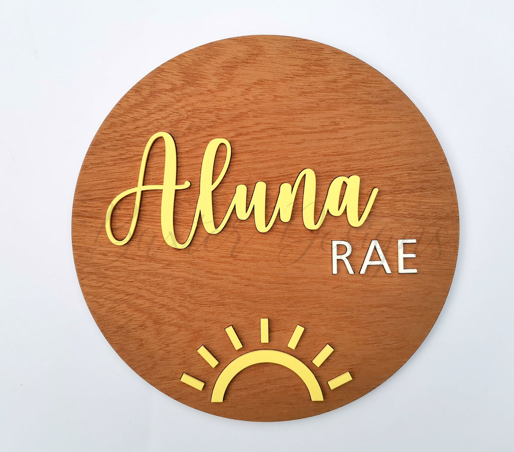 Wood 3D Personalised Name Plaque Pastel Yellow with Sun Acrylic