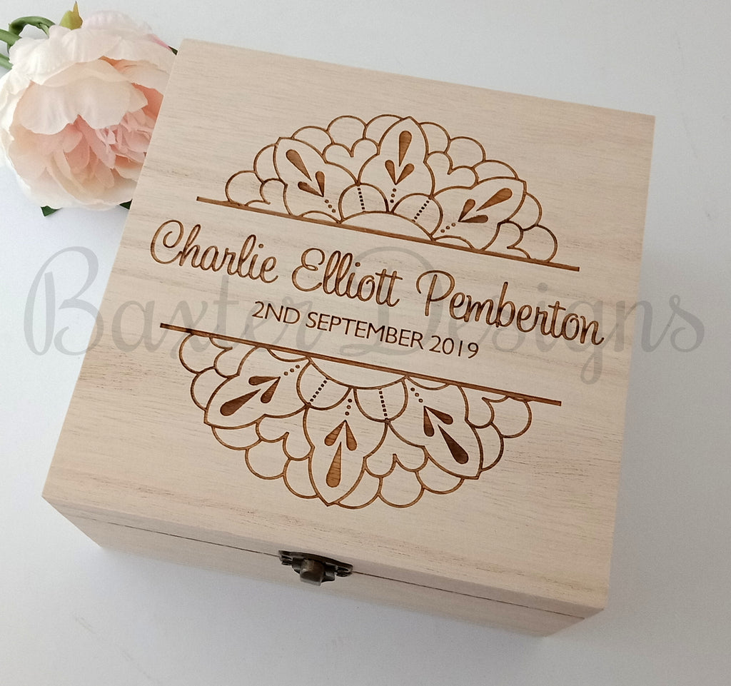Personalised Wooden Baby Keepsake Box Mandala