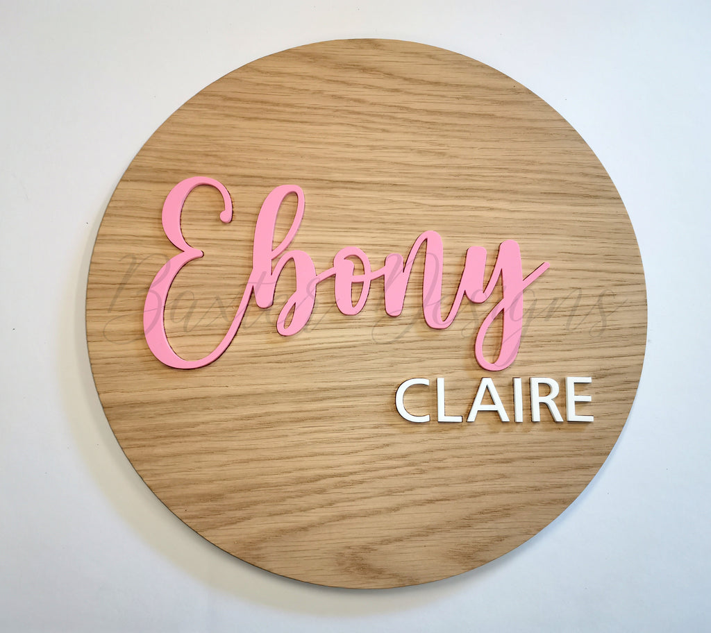 Wood 3D Personalised Name Disc Pastel Pink and White Acrylic