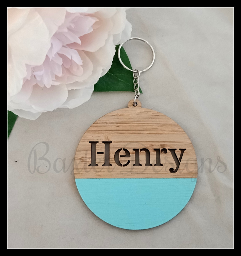 Wooden Bag Tags Personalised Key Ring Bamboo Coloured