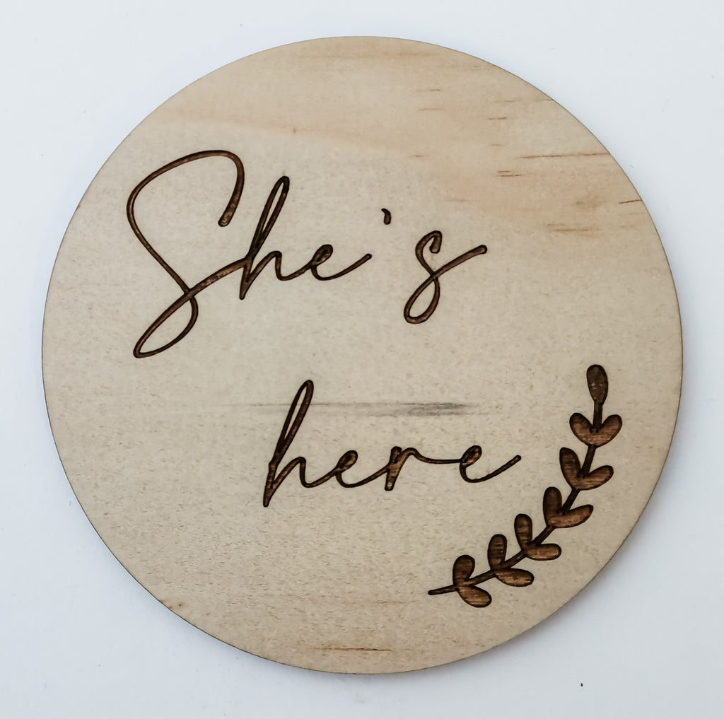 She's here baby arrival announcement disc - gender reveal sign