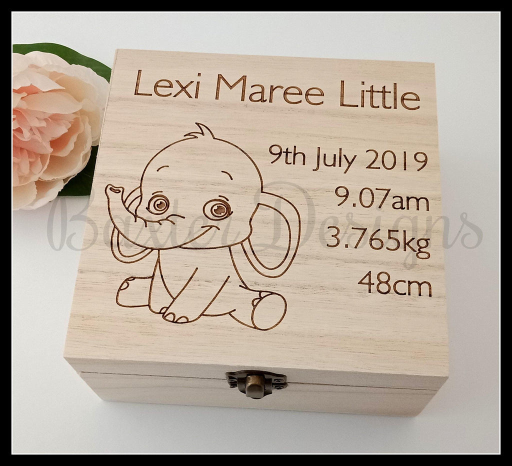 Personalised Wooden Baby Keepsake Box Elephant 16cm Square - Baxter Designs Australia