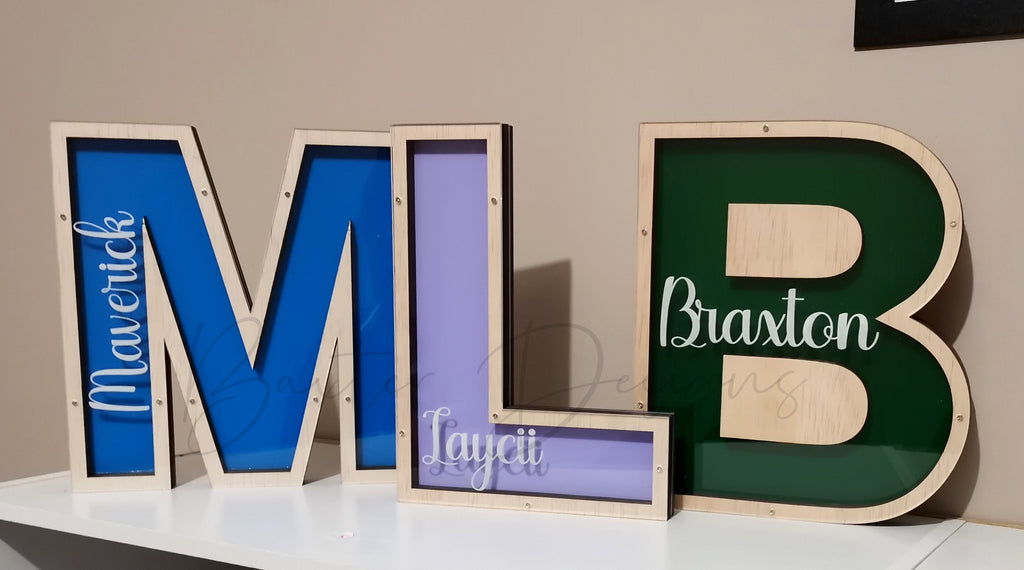 Letter M Blue Acrylic Letter L Pastel Purple Letter B Green Acrylic Money Box