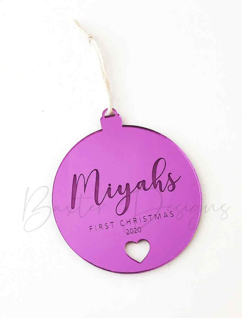Baby's First Christmas Mirror Acrylic Round Name Engraved Christmas Decoration Xmas Ball Baubles Hanging Tree Decoration - Baxter Designs Australia