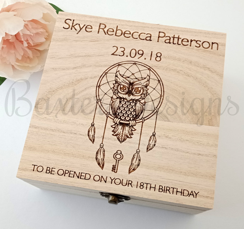 Personalised Wooden Baby Keepsake Box Owl Dream Catcher