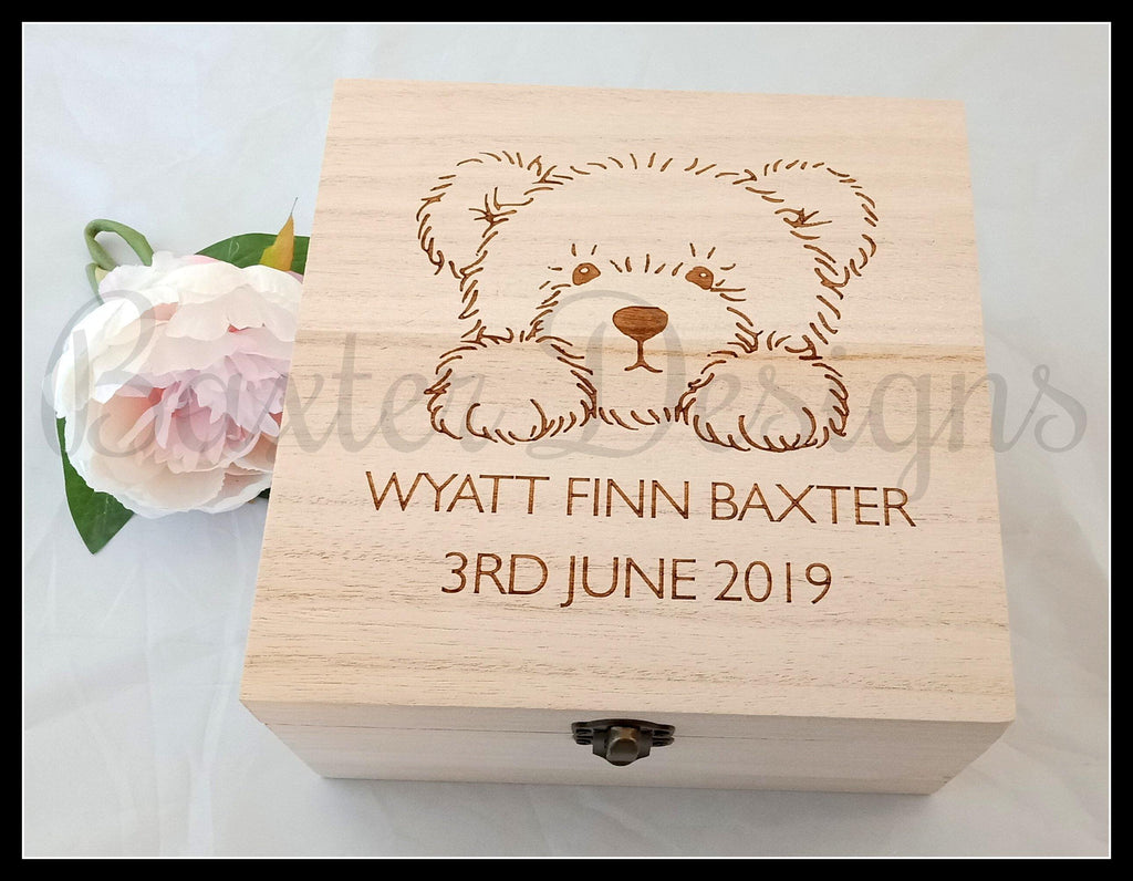 Personalised Wooden Baby Keepsake Box Bear 16cm Square - Baxter Designs Australia