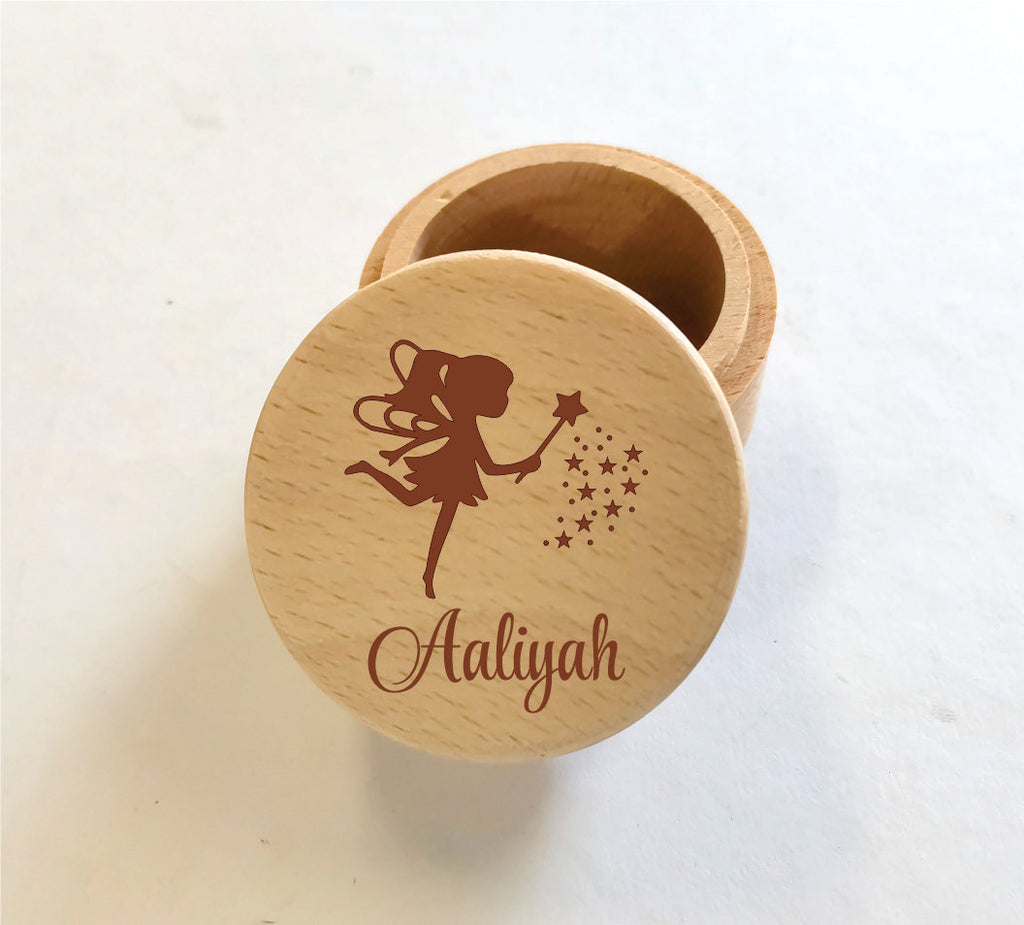 Personalised Name Fairy Wooden Tooth Holder Box Custom Engraved