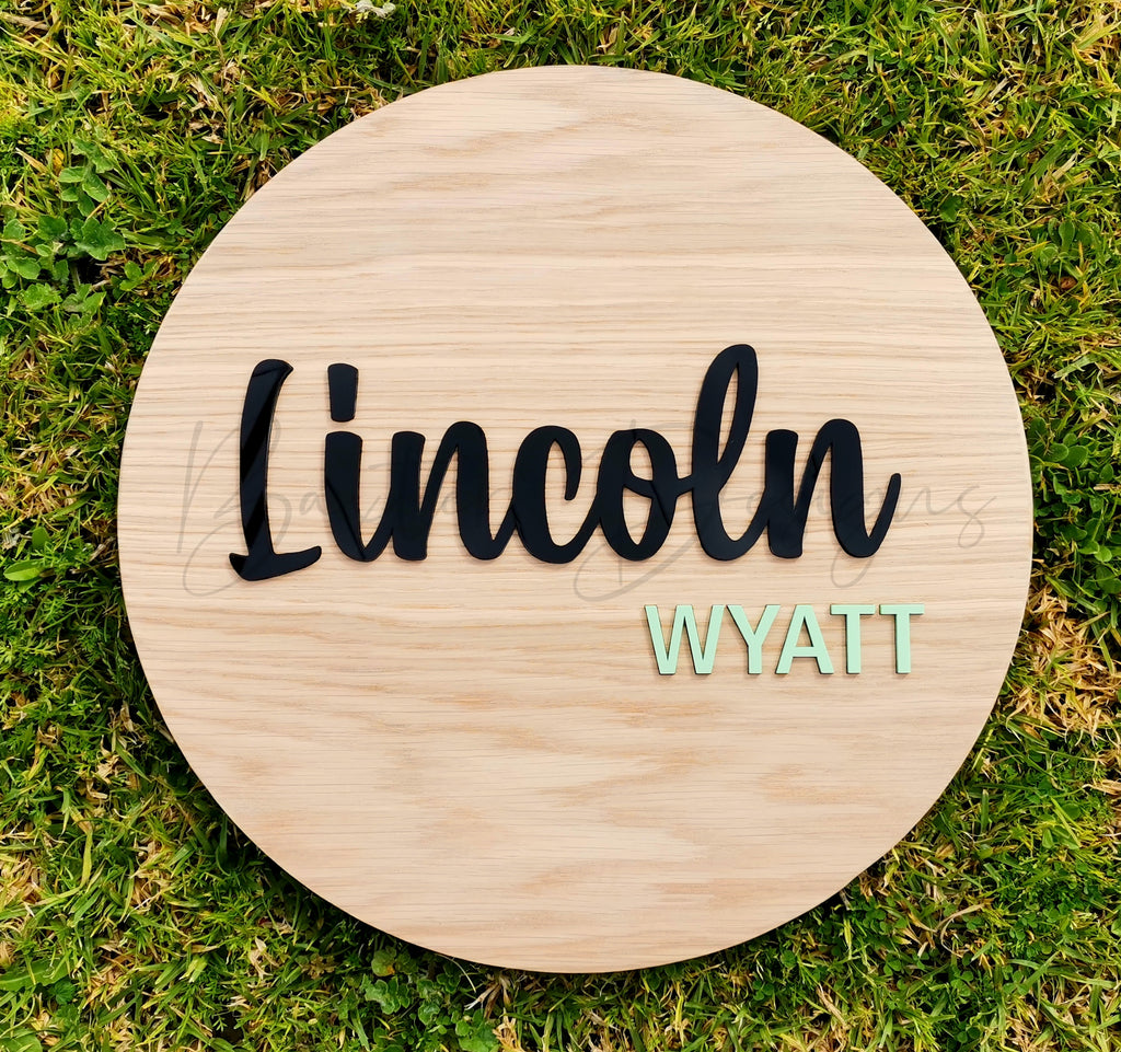 Wood 3D Personalised Name Disc Black and Pastel Green Acrylic