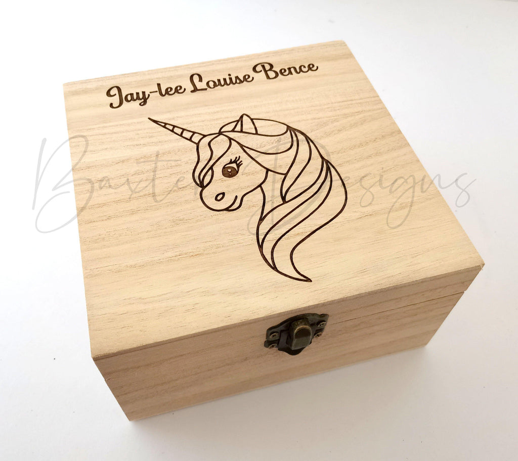 Personalised Wooden Baby Keepsake Box Unicorn 16cm Square - Baxter Designs Australia